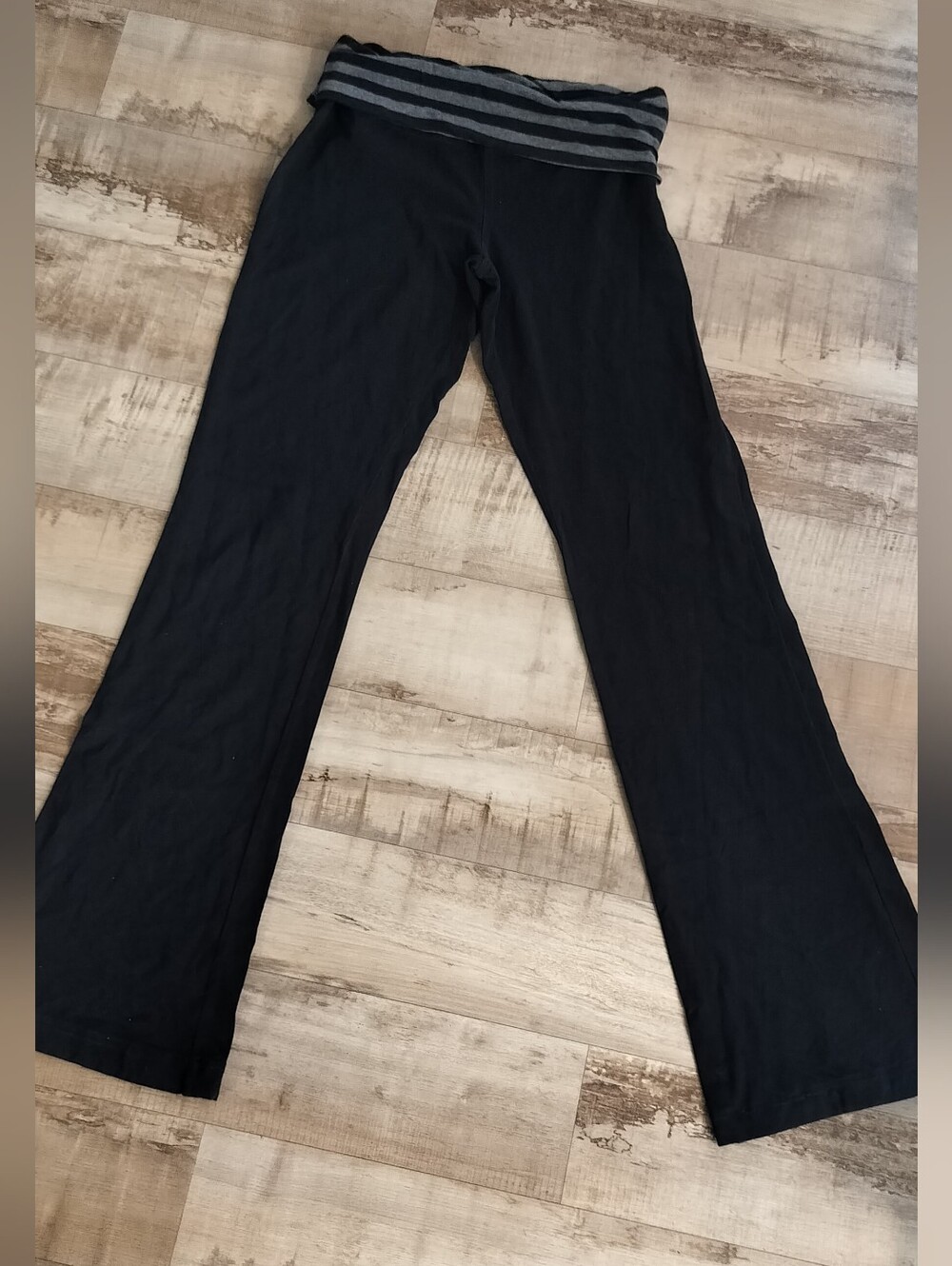 Express Black Wide Leg Yoga Pants with Gray Striped Fold-Over Waistband